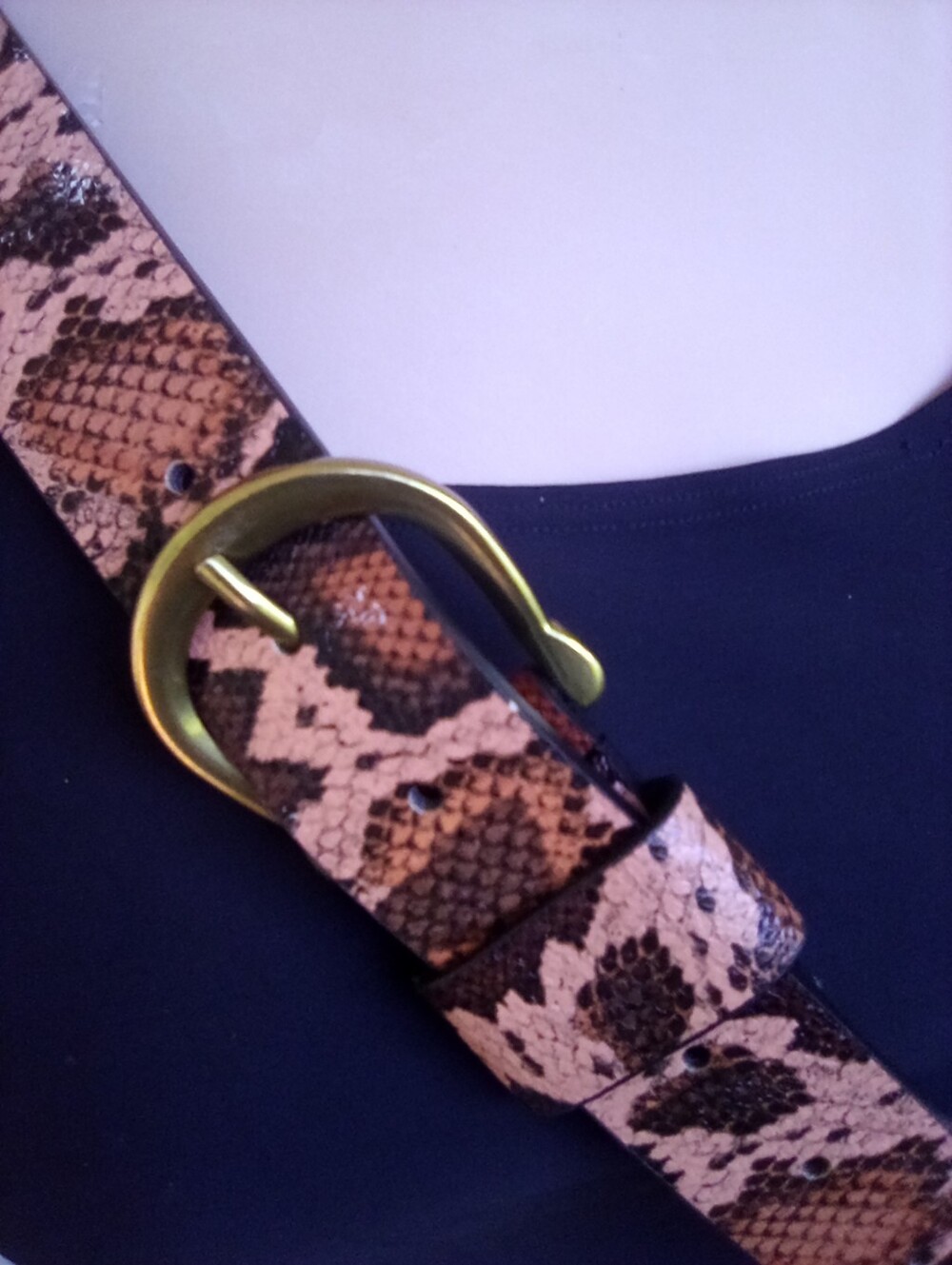 Snake Print Leather Belt with Gold Buckle - Tan Brown